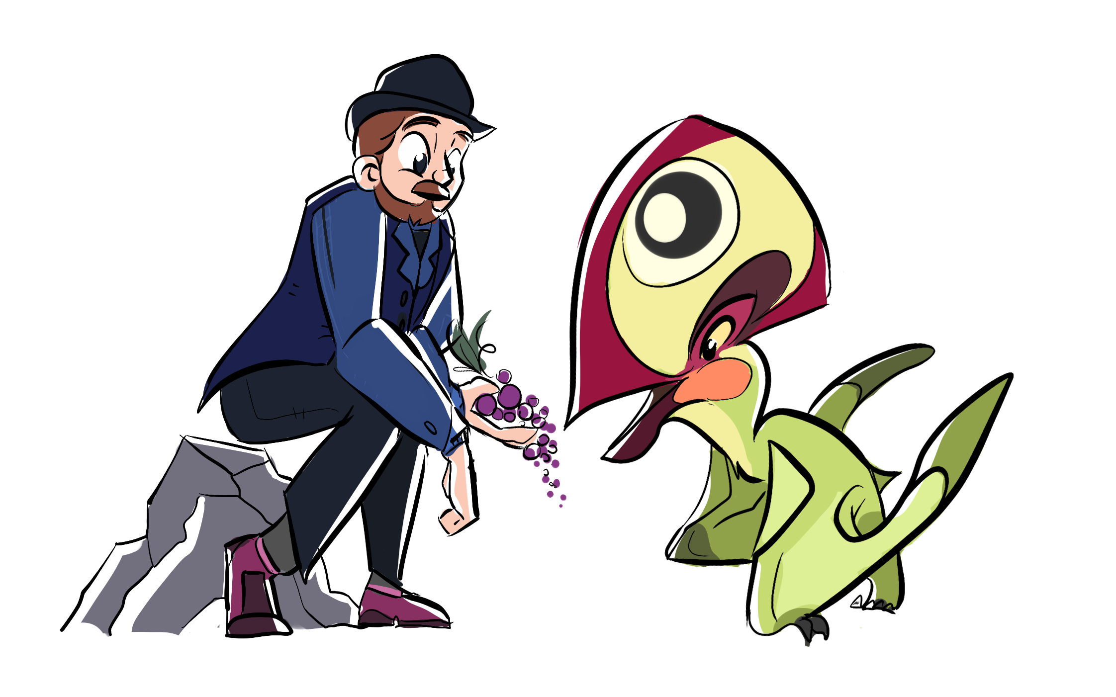 cartoon portrait of me wearing my signature bowler hat, feeding grapes to a pterosaur (Tupandactylus imperator) with a bright red and yellow crest